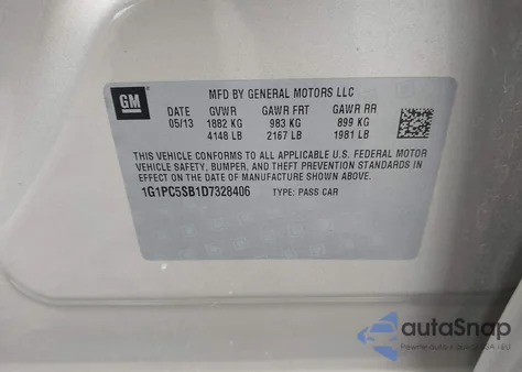 2013 Chevrolet Cruze 1Lt Auto из США, поврежденный, VIN 1G1PC5SB1D7328406